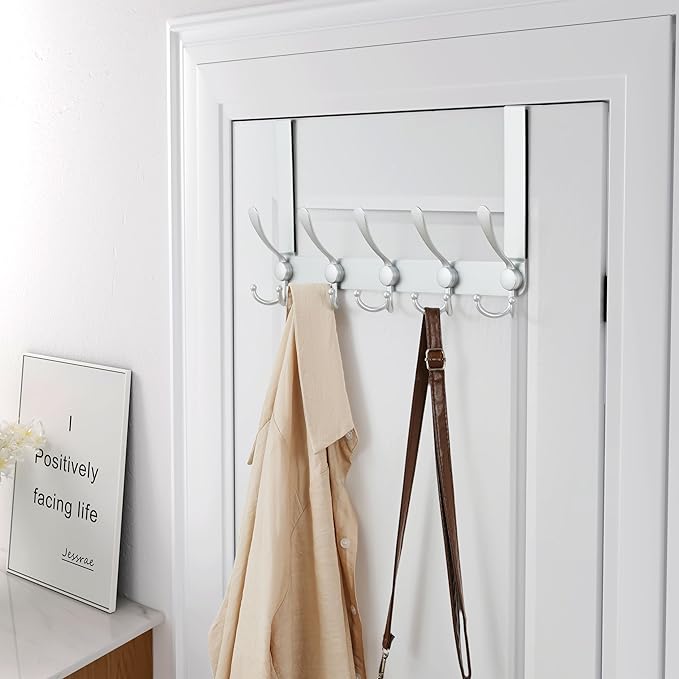 Dseap Over The Door Hook Hanger - Fits 1 3/8" to 1 3/4" Standard Doors | 5 Tri Hooks Heavy Duty Towel/Coat Rack | Door Organizer for Clothes, Jackets, Hats, Towels, Silver, Pack of 2
