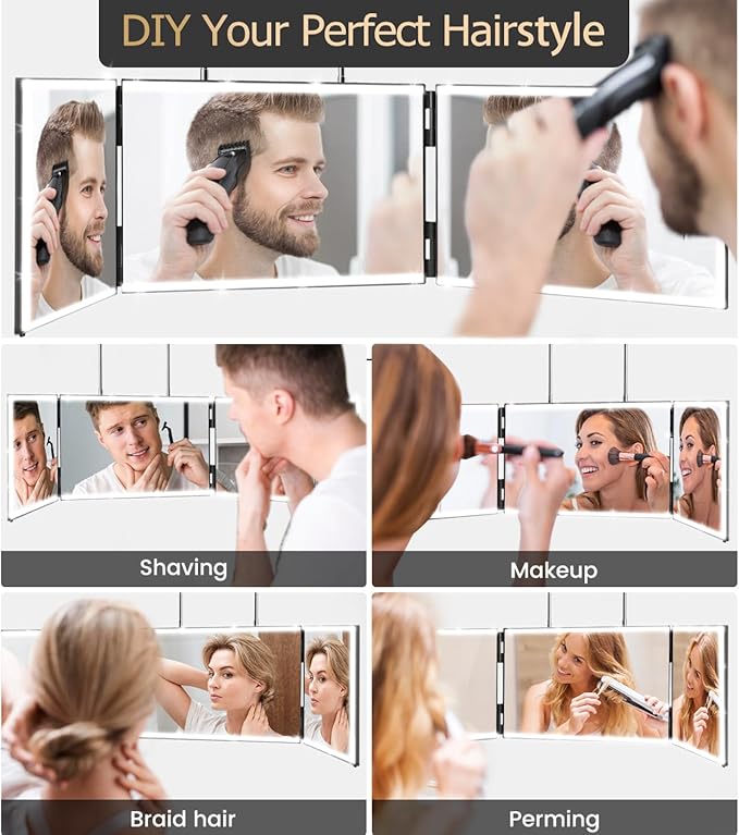 XIGETRAIL Rechargeable 3 Way Mirror for Self Hair Cutting with 8 Light Strips & Telescoping Hooks for Makeup,Shaving,Braiding&Styling-Trifold Barber Mirror