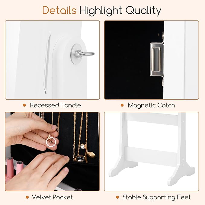 Giantex Standing Jewelry Armoire, Lockable Jewelry Cabinet with Full Length Mirror, LED Lights, 4 Tilt Angle Adjustable, Mirror with Jewelry Storage, Standing Jewelry Organizer with Drawers, White