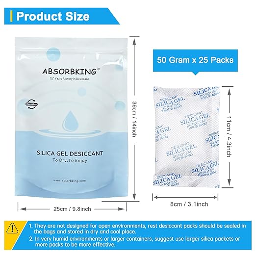 Silica Gel Packets – 50 Gram 25 Packs Moisture Absorbers, Desiccant Packs for Storage, Food Safe Desiccant for Foods, Seeds, 3D Filaments, Electronics, Safes