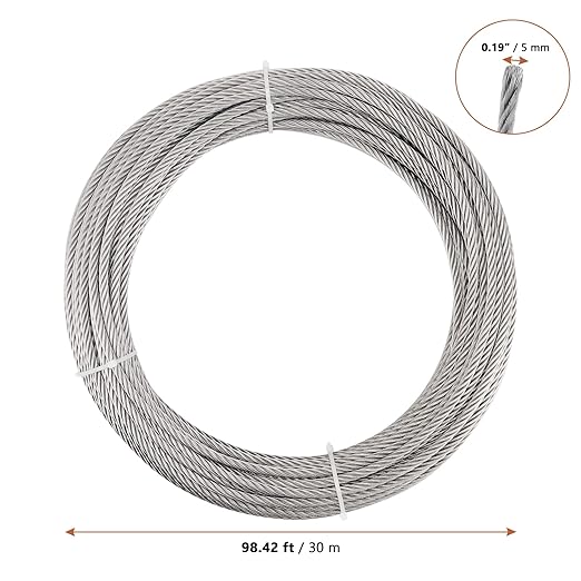 LEXININ 3/16 Inch x 98 Feet Rope Cable, 5mm Thick Stainless Steel Wire Rope 7x19 Strands Construction, Picture Hanging Aircraft Cable for Deck Railing, DIY Balustrade, Clothesline