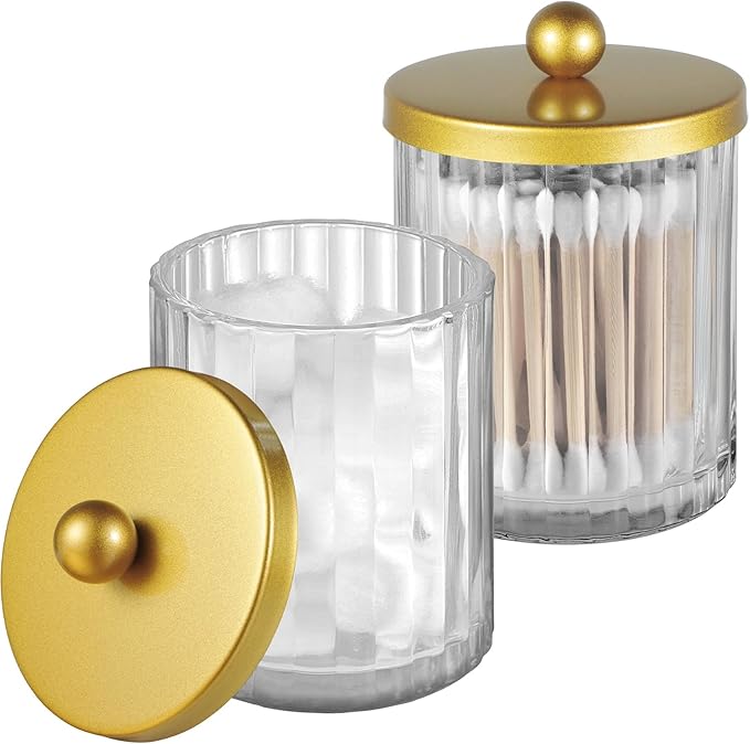 Amolliar Qtip Holder Dispenser for Bathroom, Clear Glass Canister Apothecary Jar for Cotton Swabs, Cotton Balls, Makeup Pads, Floss Picks, Container for Countertop Vanity Storage Organizer,Gold 2 Pack