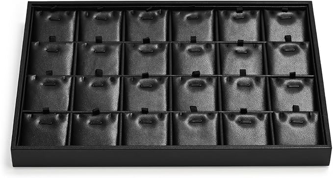 24 Grids Leather Necklace Tray Jewelry Display Tray for Drawers With Removable Jewellery Cards Necklace Pendant Tray (Black)
