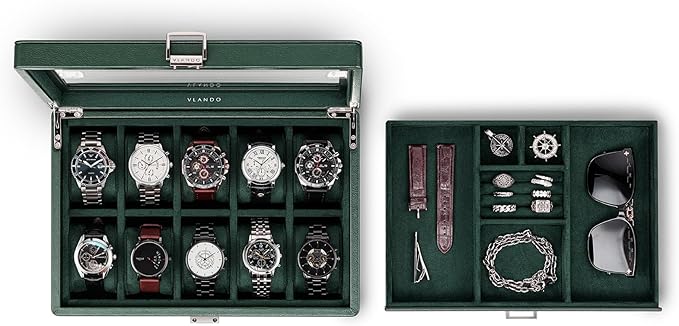 Vlando Watch Box for 10 slot, Lockable Watch Case with Textured Leather, 2 Layer Watch Holder for Rings, Bracelets, Glasses, Glass Lid, Removable Divider, Gift for Fathers, Husband, Friend, Dark Green