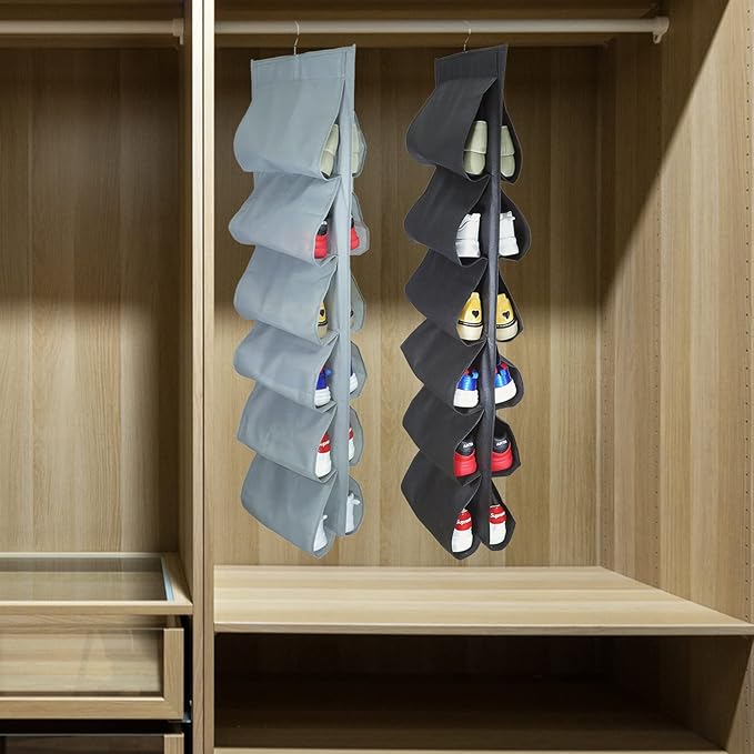 2 Pack 12 Large Pockets Hanging Shoe Organizer for Closet with Roating Hanger for Storage Mens Shoes,Kids Clothes,Also can used as Travel shoe rack hanging,Grey