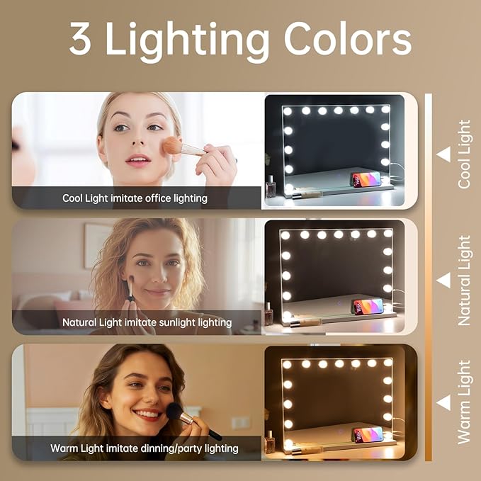Hollywood Vanity Mirror with Lights, 23"x18" Lighted Makeup Mirror for Desk/Wall Mount, 15 Led Bulbs, 3 Lighting Modes for College Dorm, Bedroom & Dressing Room (White)