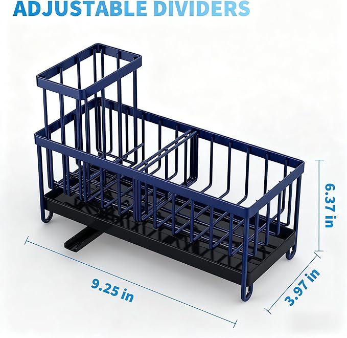 Cisily Sponge Holder for Kitchen Sink, Sink Caddy Organizer with High Brush Holder, Kitchen Countertop Organizers and Storage Essentials, Rustproof 304 Stainless Steel (Navy Blue, 9.25″)