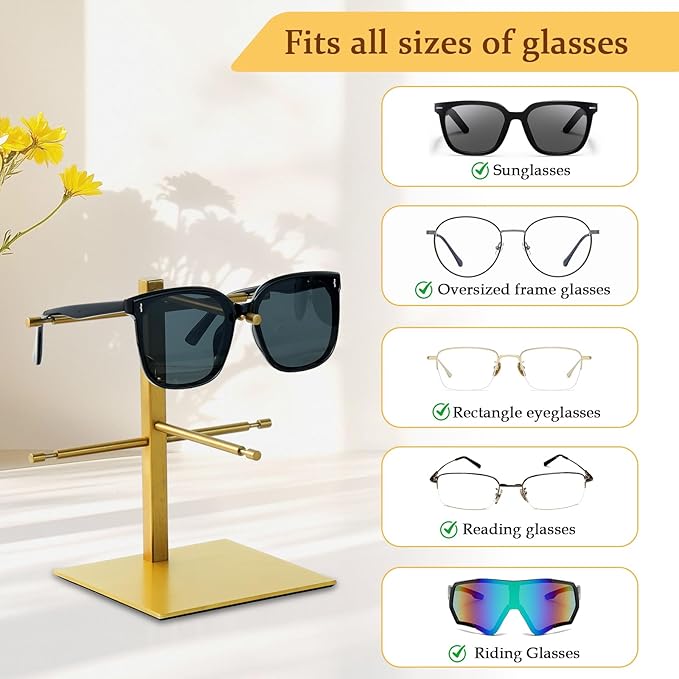 2-Tier Sunglass Display Stand,Sunglasses Organizer, Titanium Brushed Eyeglass Holder Stand, Gold Sunglasses Rack for Homes, Offices, Boutique Shops（PATENT PENDING