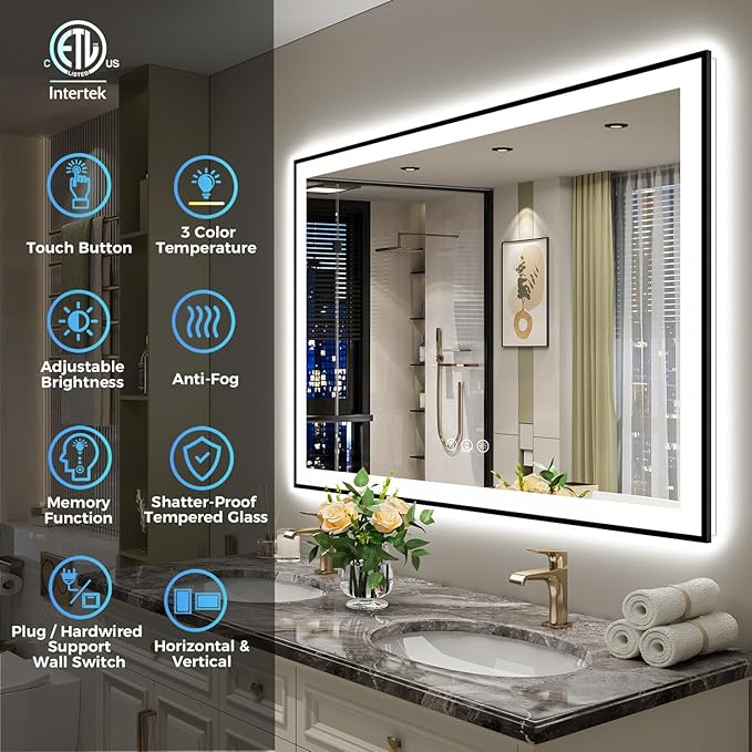 40x32 Inch LED Bathroom Mirror with Lights (Front Lit and Backlit) Black Framed Lighted Vanity Mirror for Bathroom Wall Dimmable Anti-Fog Memory Tempered Glass Horizontal/Vertical