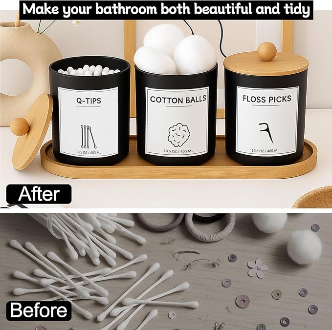3 PCS Qtip Holder for Bathroom, Cotton Ball Holder with Tray, Bathroom Organizers and Storage, Bathroom Jars for Floss Picks, Cotton Swabs, Balls, Pad(Black)