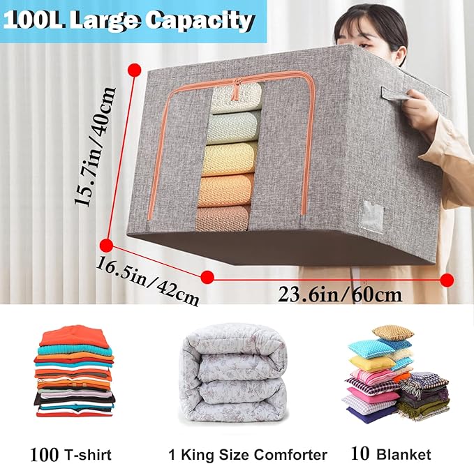 Large Capacity Clothes Storage Bags Stackable Storage Organizer with Foldable Metal Frame Zipper Handles Clear Window Storage Container Box for Blanket Sweater Comforter Pillow (100L Gray 2 Pack)