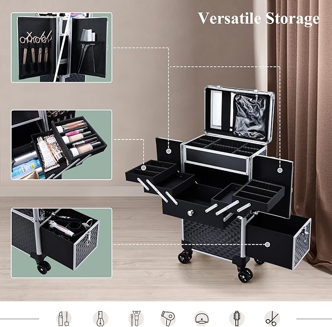 Adazzo Professional Makeup Artist Rolling Train Case Multi-functional Cosmetic Train Case Large Trolley Storage Case for Nail Technicians Cosmetology Case with Compartments for Hairstylist (Black)