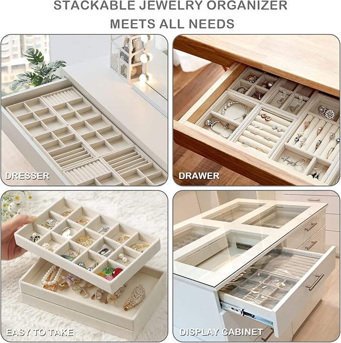 Jewelry Trays,Velvet Stackable Organizer Trays,Drawer Inserts Jewelry Display Case For Rings Stud Necklaces Earring Organizer Tray for Women Girls-8 Pack (Beige)