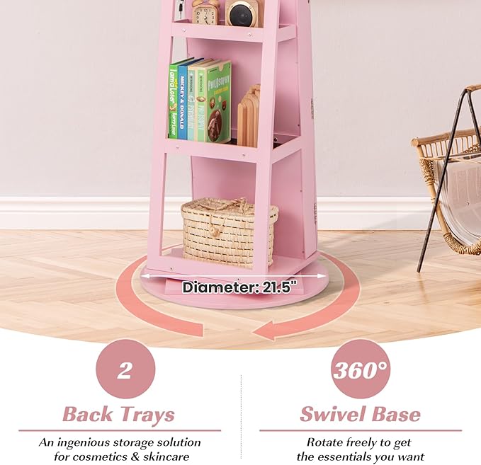 Mirror Jewelry Cabinet Standing with Full Length Mirror, 360° Swivel Jewelry Armoire with 3-Color LED Lights & Foldable Makeup Shelf, Lockable Organizer for Women, Space-Saving (Pink)