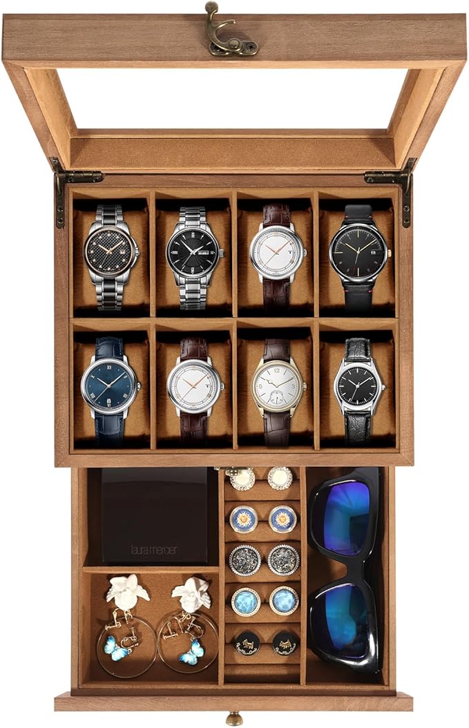 Uten 8-Slot Watch Box, 2-Layers Solid Wood Watch Display Case with Glass Lid, Watch Holder Organizer with Soft Pillow and Velvet Lining, Watch and Jewelry Storage Box, Browm