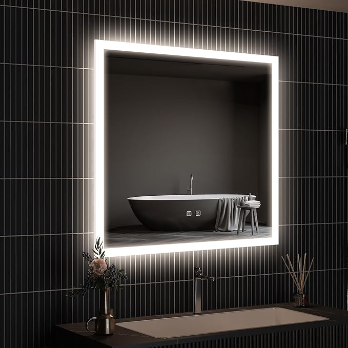 APRILSOUL 36x36 Inch LED Mirror for Bathroom, Led Vanity Mirror with Front and Backlit, 3 Color Lights, Memory Function, Anti-Fog and Dimmable Light (Horizontal/Vertical)