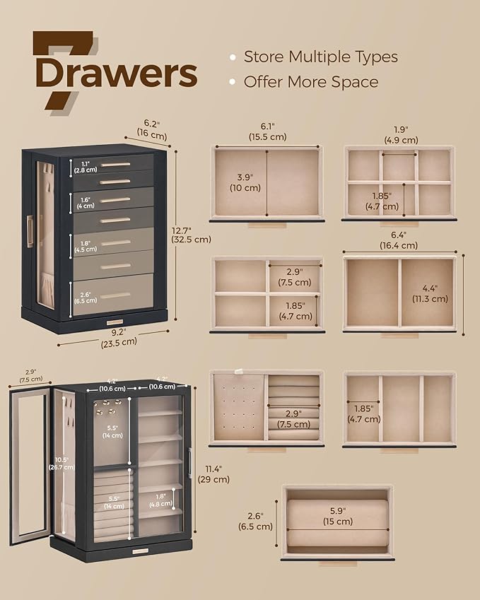 360° Rotating Jewelry Box with 7 Drawers, Spacious Vertical Jewelry Organizer with Glass Window, Jewelry Storage Case, Dustproof & Moisture-resistant Design, Black