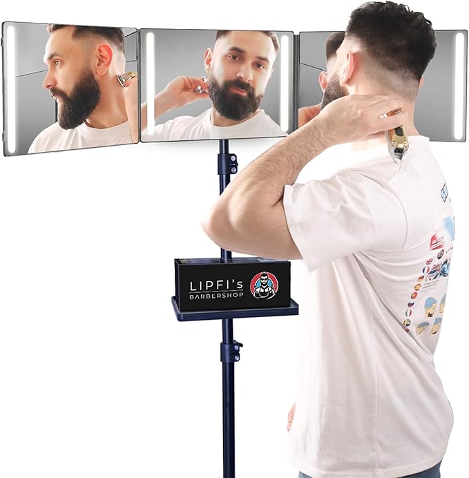 LIPFISBARBERSHOP.COM 360° Mirror with Tripod, 3-Way Mirro for Self Hair Cutting, Includes Crystal-Clear Glass, 4 LEDs, USB-C Fast Charging, Rechargeable Battery (360 Mirror + Tripod + Adapter)