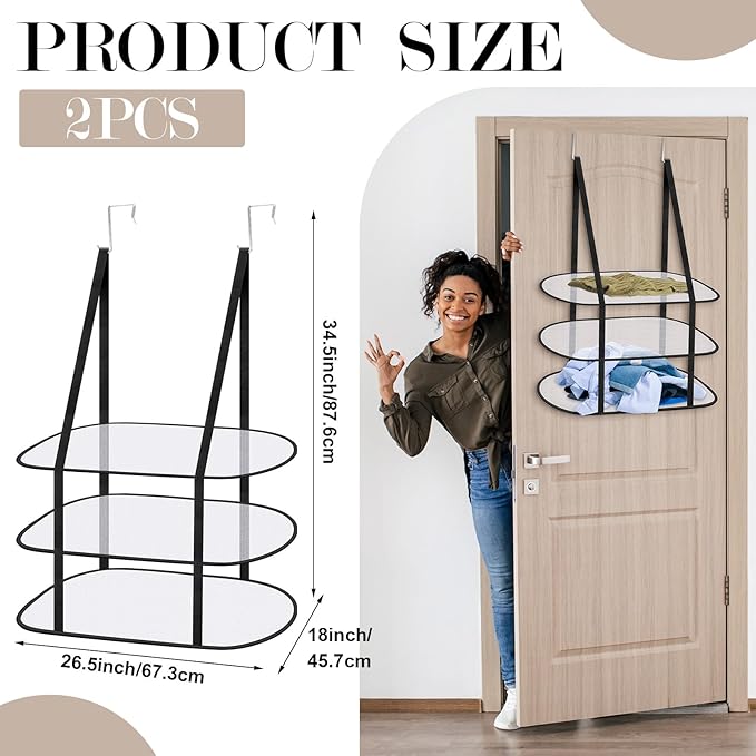 2 Pack 3 Tier Over The Door Folding Drying Rack Sweater Drying Rack 26.5" x 34.5" Flat Room Organization Dryer Racks for Laundry Perfect for Small Spaces Apartments Dorm Rooms and Bathrooms (Black)