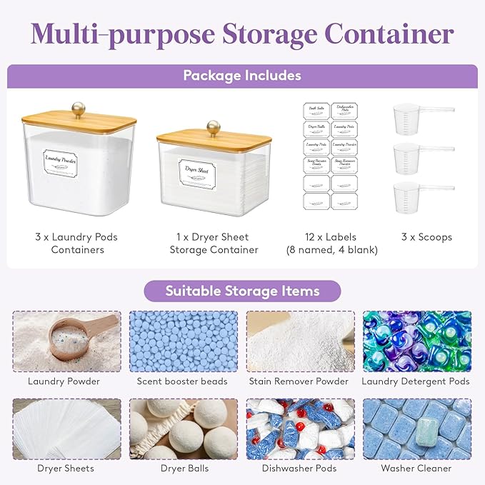 Lifewit Large Laundry Pods Container& Dryer Sheet Holder, Plastic Detergent Dispenser, Laundry Room Organization Storage Jars for Powder, Soap, Scent Booster Beads,Bamboo Lid,0.53+0.7 gal,4 Pcs