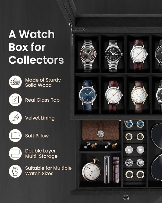 Uten 8-Slot Watch Box, 2-Layers Solid Wood Watch Display Case with Glass Lid, Watch Holder Organizer with Soft Pillow and Velvet Lining, Watch and Jewelry Storage Box, Black