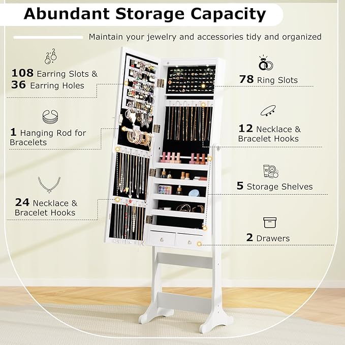 COSTWAY Standing Jewelry Cabinet, Large Storage Jewelry Armoire with Full Length Mirror, 4 Adjustable Angles & 2 LED Lights for Women, Girls (White)