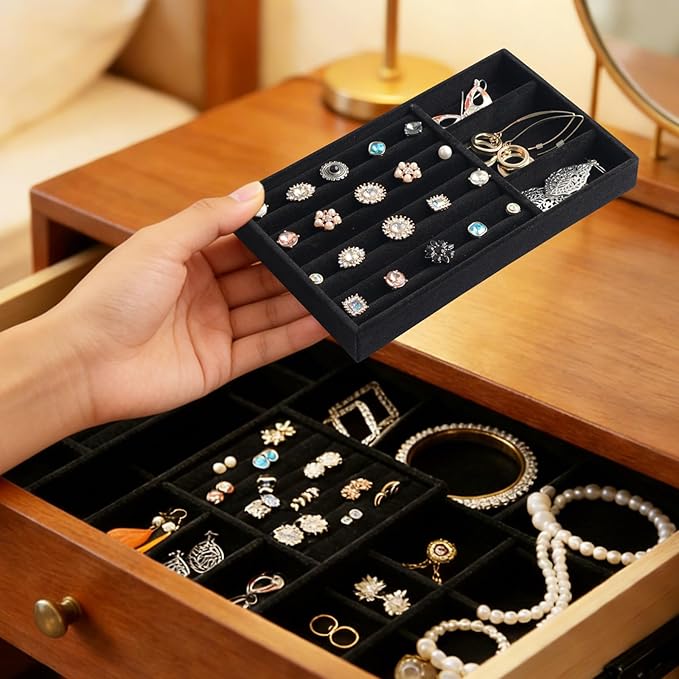 Jewelry Trays,Velvet Stackable Organizer Trays,Drawer Inserts Jewelry Display Case For Rings Stud Necklaces Earring Organizer Tray for Women Girls-8 Pack (Black)