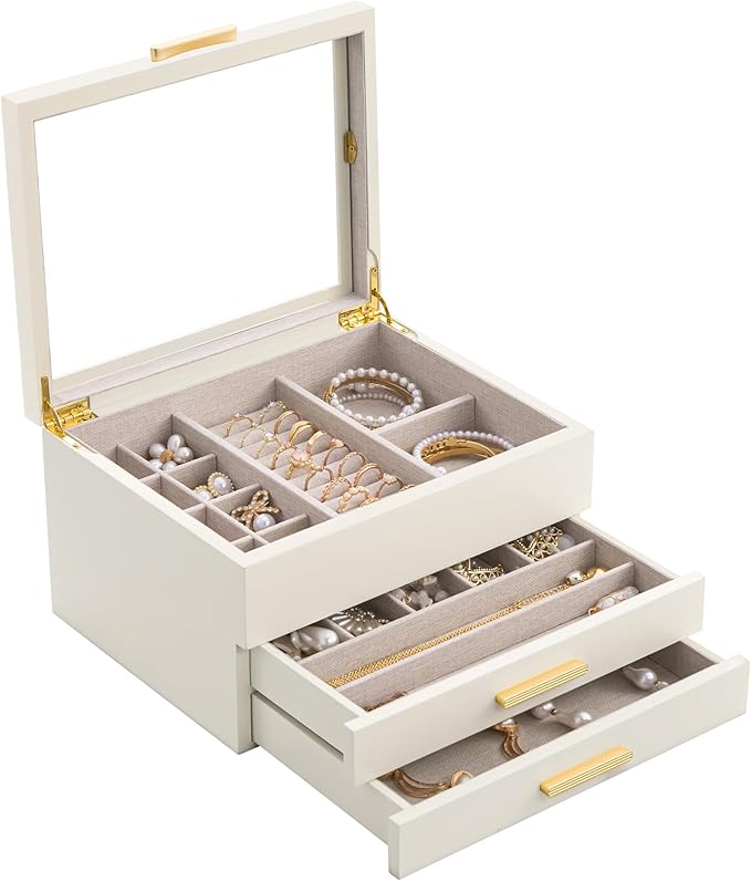 Lolalet Jewelry Box, Clear Window Wood Grain Jewelry Storage for Earrings Bracelets Necklaces Rings, High Capacity Organizer for Women -Beige, 3 Layers