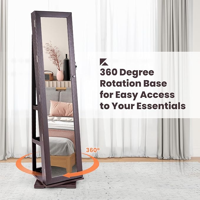 CHARMAID 360° Swivel Jewelry Armoire with Full Length Mirror, Standing Lockable Jewelry Cabinet Organizer, Large Storage Capacity, Inside Makeup Mirror, Back Storage Shelves (Espresso)