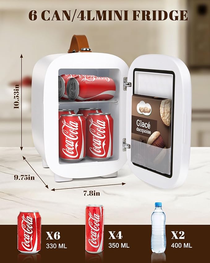Mini Fridge for Bedroom, 4 Liter/6 Cans Skincare Small Refrigerator, AC/DC Portable Mini Cooler & Warmer, Small Fridge for Camping, Dorm, Office, Car (White)