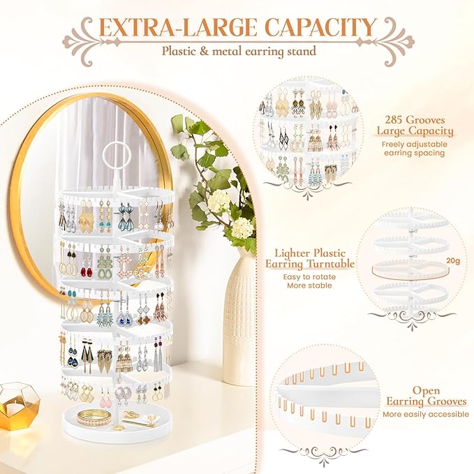 iDavosic.ly 5 Tier Rotating Earring Holder Organizer with Metal Tray, Adjustable Plastic Dangle Display Stands Tree with 285 Grooves, Large Hoop Storage Rack Tower, White
