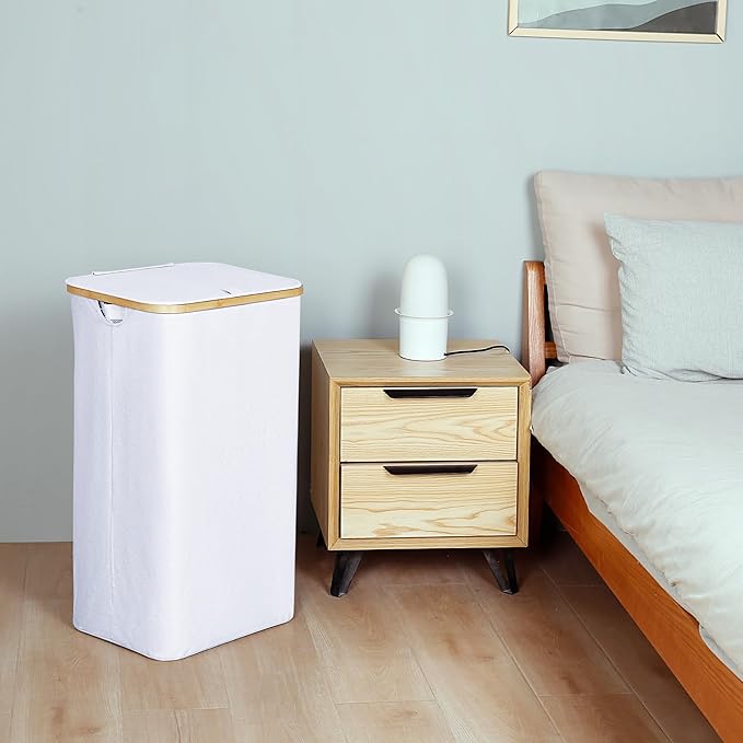 110L Laundry Hamper with Lid，Dirty Clothes Hampers for Laundry,Laundry Basket with Bamboo Handles and Removable Bag,Hamper for Bedroom, Bathroom, Dorm, Laundry Room, White