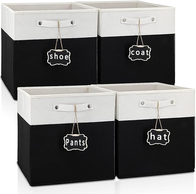 12 inch storage bins,Set of 4 Collapsible Fabric Storage Cubes with Labels,Linen Cube Storage Organizer Bins Kallax Storage Cubes for Organizing Office,Shelves,Nursery Toys,Clothes(White Black).