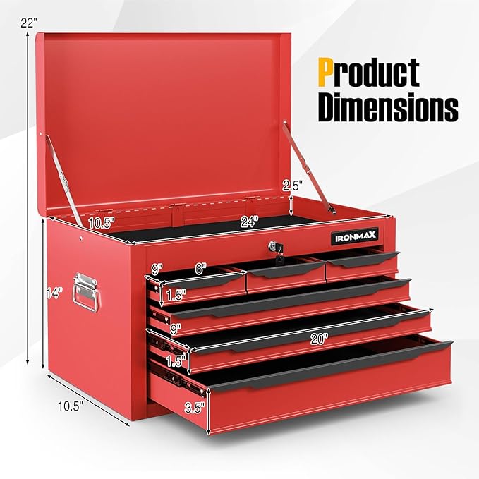 IRONMAX Small Tool Box, 24" Lockable Steel Toolbox with 6 Drawers & Top Tray, Heavy Duty Tool Chest Cabinet Storage Organizer for Garage, Workshop, Repair Shop, Warehouse (Red)