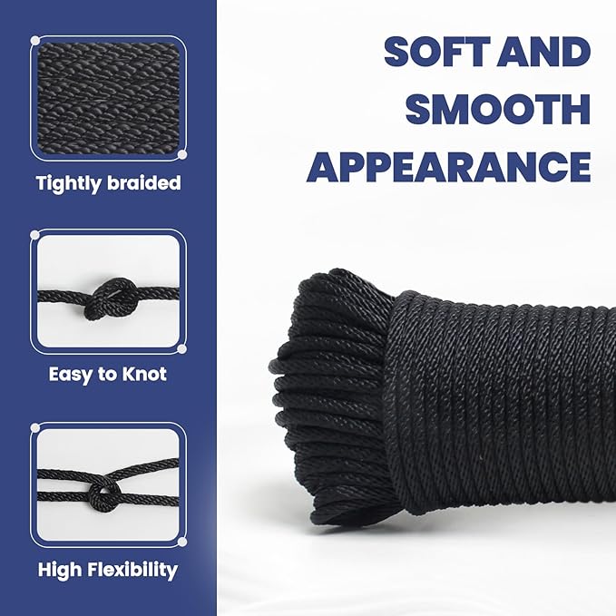 MERIANE Black Nylon Rope 1/8inch 100FT – Multipurpose Solid Braided Rope – Ideal Use for Camping, Clothesline, Marine, Flag Line – Abrasion & UV Resistant – Shock Absorption Rope for Indoor Outdoor