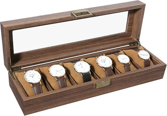 Uten Watch Box 6 Slots, Watch Case Organizer with Real Glass Lid, Wood Grain PU Leather Watch Display Storage Box with Removable Imitation Suede Watch Pillows, Metal Clasp