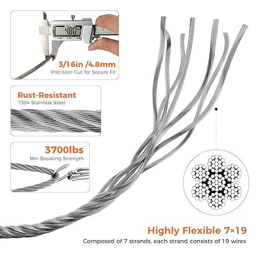WAYSKA Stainless Steel Cable 3/16 Inch, 500FT 304 Stainless Steel Wire Rope, 7 x 19 Strands Construction for Deck Cable Railing Systems, Clotheslines, Ziplines, and DIY Balustrades