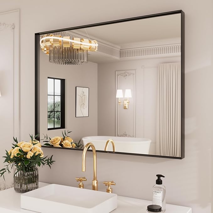 LOAAO Black Bathroom Mirror 28"X36" for Wall, Rectangle Bathroom Vanity Mirror, Hangs Vertically or Horizontally, Easy to Install, Modern Design