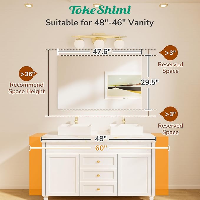 TokeShimi 48x30 Frameless Bathroom Vanity Mirrors for Over Sink, Modern Rectangle Bathroom Mirrors for Wall with Polished Edge Shatterproof Decorative Mirror for Bedroom, Living Room, Entryway