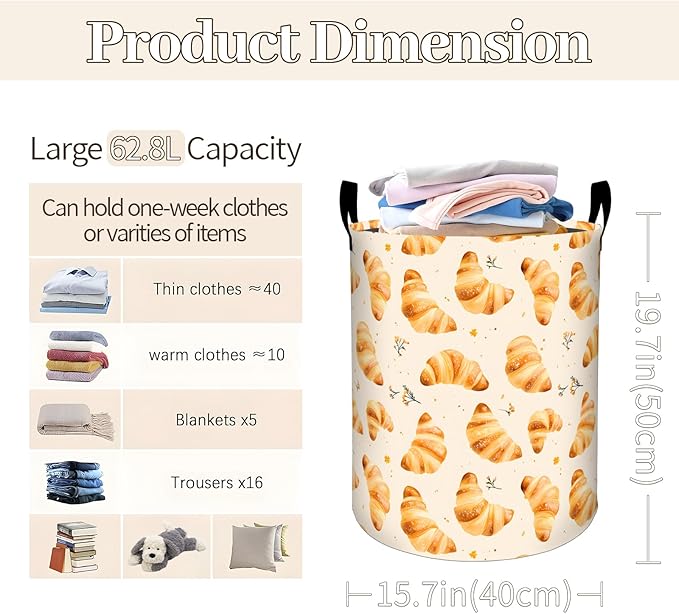 Delicious Croissant Pattern Laundry Basket 19.7"x15.7", Collapsible Dirty Clothes Waterproof Food Laundry Hamper Organizer Toy Storage Bin for Dorm Nursery Bathroom Decor