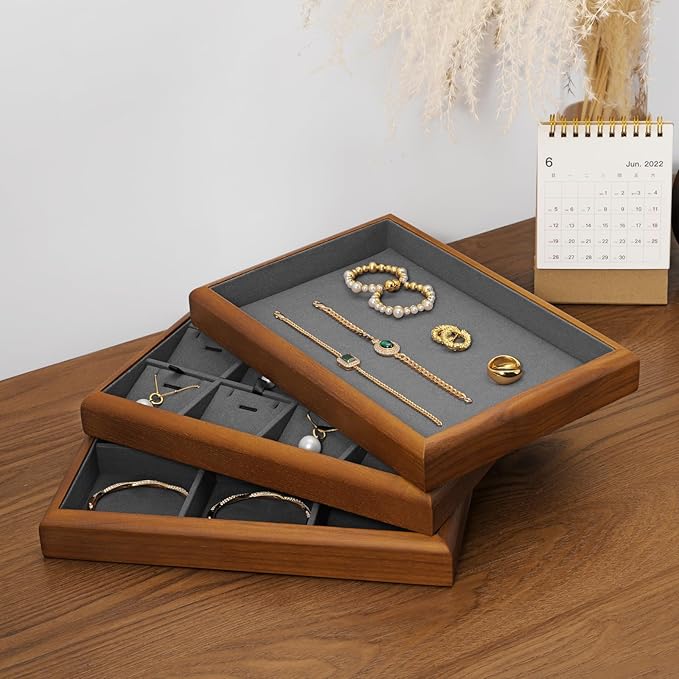 Solid Wood Flat Jewelry Tray Stackable Jewelry Drawer Organizer Showcase Display Organizer Tray(Grey)
