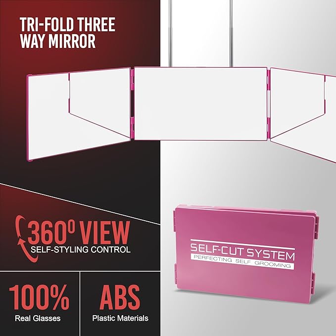 Self-Cut System 3 Way Mirror for Braiding Hair, Styling & Hair Coloring - Tri-Fold Three Way Mirror with Telescoping Hooks - Compact & Travel Size - Over-the-Door Mount for DIY Haircuts, Makeup - Pink