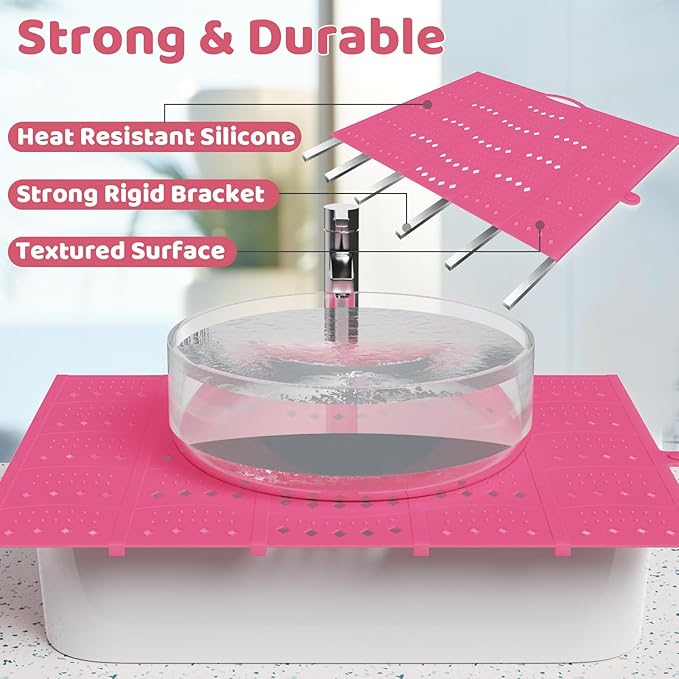 Bathroom Sink Cover for Counter Space, Foldable Silicone Sink Mat Makeup Organizer Mat Space Saver, Women’s Gifts for Valentines RV Camper Travel Must Haves Accessories, Pink