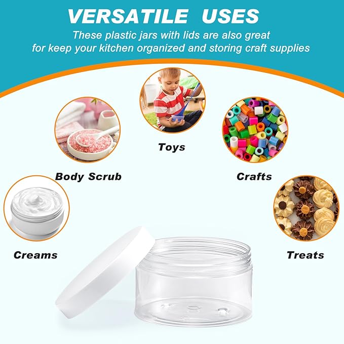Dandat 24 Pcs 8 oz Plastic Jar Container with Lid and Label Refillable Empty Round Clear with White Pet Cosmetic Sample Slime Containers for Lotion, Cream, Ointment, Body Butter, Makeup Travel Storage