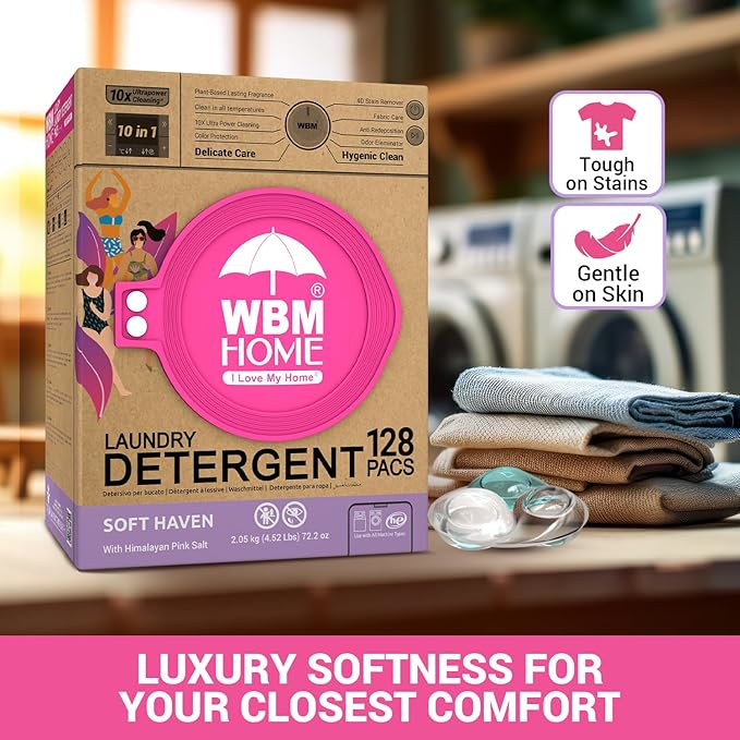 WBM Home Laundry Pods, Total 128 Count | Specially Designed for Undergarments With Soft Heaven Fragrance | Laundry Detergent Pods Formulated With Plant-Based Formula and Gentle Stain Remover