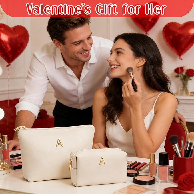 Valentine's Day Gifts for Women Girlfriend Initial Makeup Bag for Teen Girls Personalized Gifts for Friend Teacher Mom Wife Cosmetic Travel Toiletry Bag(Beige,M)