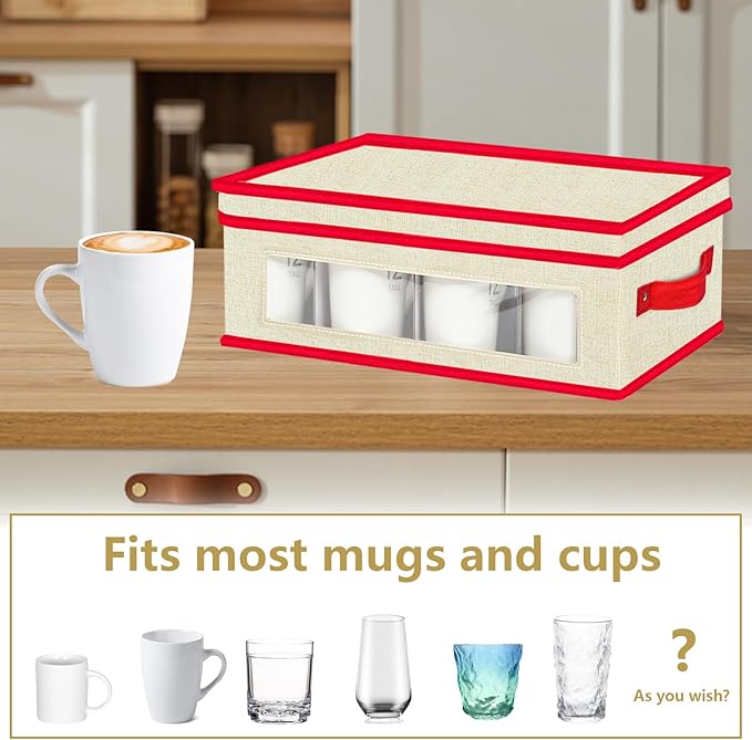 homyfort Mug Storage Box Organizer, China Cup Storage Containers with Dividers, 2 Pack Hard Shell for 24 Tea Cups and Coffee Mugs (Beige)