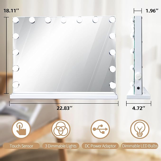 Hollywood Vanity Mirror with Lights, 15 Dimmable LED Bulbs 3 Color Lighted Makeup Mirror with Detachable 10X Magnification Mirror, Tabletop or Wall-Mounted, Touch Control