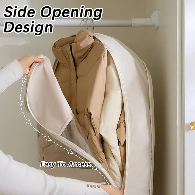 Space Saving Hanging Garment Bag with Self Compression Zipper，Dust Cover Clothes Bags for Down Coat,Dress,Suit，Closet Storage Organizer for Home Travel Use (Beige, Medium)