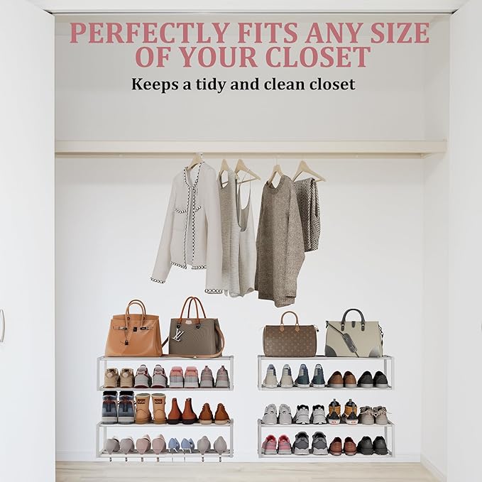 4 Pack Expandable Wall Mounted Shoe Rack, 17"-30"Adjustable Hanging Shoe Rack Holds 24 Pairs, Heavy Duty Metal Shoe Racks Holder with 8 Storage Hooks, Space Saving for Entryway Closet Doorway（White)